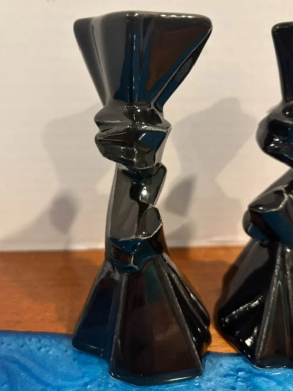 Pair of Black Art Deco Geometric Ceramic Candlestick Holders
